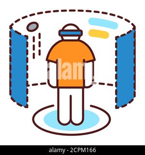 Virtual reality gaming color line icon. Man in VR helmet gaming on platform. Cyberspace, simulation, interactive. Pictogram for web page, mobile app Stock Vector