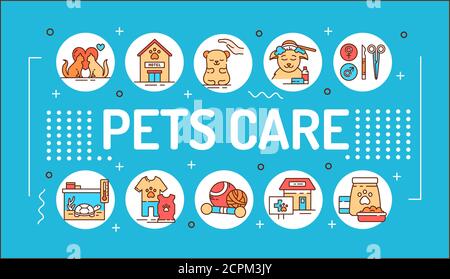 Pets care word lettering typography. Services for domestic animals. Infographics with linear icons on blue background. Creative idea concept. Isolated Stock Vector