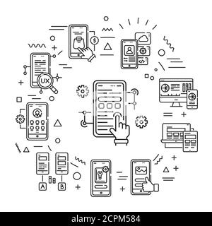 App development web banner. Creating and using a mobile application. Infographics with linear icons on white background. Creative idea concept Stock Vector