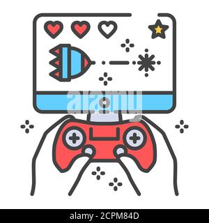 Computer games color line icon. Gamer holding joystick and playing video game. Home leisure. Vector isolated illustration. Editable stroke Stock Vector