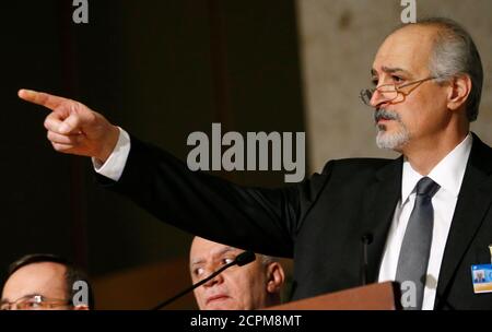 Bashar al-Ja'afari, Syrian chief negotiator and Ambassador of the Permanent Representative Mission of Syria to the UN in New York, attends a news conference after a round of negotiations during the Intra-Syrian talks at the United Nations in Geneva, Switzerland March 24, 2017. REUTERS/Denis Balibouse