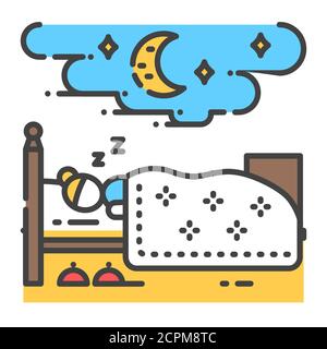Woman sleeping on bed color line icon. Home interior. Indoor view of bedroom with furniture. Vector isolated illustration. Editable stroke Stock Vector