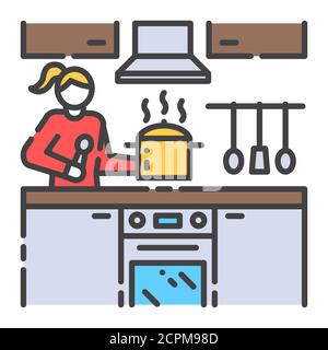 Woman is standing in kitchen and preparing color line icon. Home interior. Indoor view of room with cutlery, furniture. Vector isolated illustration Stock Vector