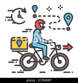 Courier delivery color line icon. Man rides bicycle. Express shipping. Sign for web page, app. UI UX GUI design element. Editable stroke. Stock Vector