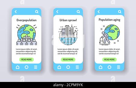 Eco problems on mobile app onboarding screens. Overpopulation, urban sprawl, population aging. Banners for website on white background and mobile kit Stock Vector