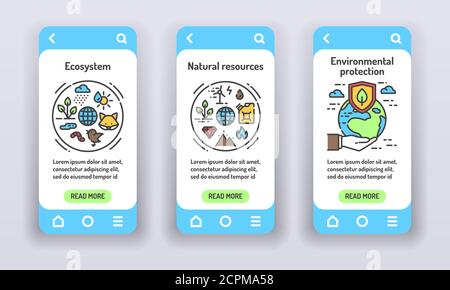 Eco system on mobile app onboarding screens. Ecosystem, Environment protect, Natural resources, . Banners for website on white background and mobile Stock Vector