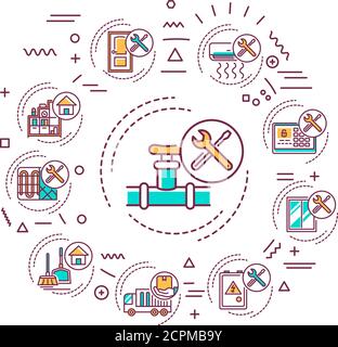 Handyman services web banner. Include repair work, maintenance work, are both interior and exterior. Infographics with linear icons on white Stock Vector