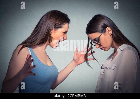Young angry woman abusing screaming at another scared nerdy one in glasses isolated on gray background Stock Photo