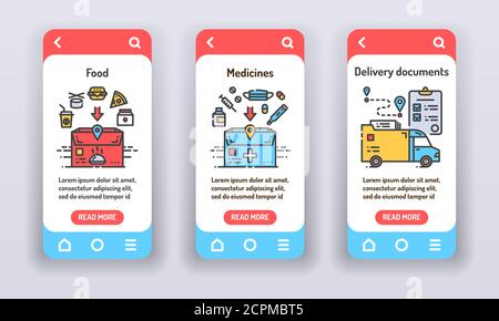 Delivery services on mobile app onboarding screens. Delivery food, medicines, documents. Banners for website on red background and mobile kit Stock Vector