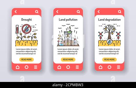 Eco problems on mobile app onboarding screens. Environmental issue. Banners for website on white background and mobile kit development. UI UX GUI Stock Vector