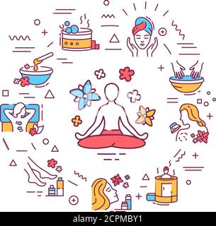 SPA web banner. Beauty treatment service. Infographics with linear icons on white background. Creative idea concept. Isolated outline color Stock Vector