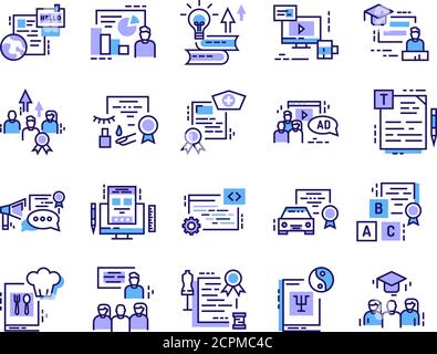 Courses training color line icons set. Investing in yourself. People skill development. Pictograms for web page, mobile app. UI UX GUI design element. Stock Vector