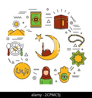 Islam web banner. Infographics with linear icons on white background. Creative idea concept. Isolated outline color illustration Stock Vector