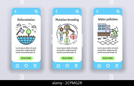 Eco problems on mobile app onboarding screens. Environmental issue. Banners for website on white background and mobile kit development. UI UX GUI Stock Vector