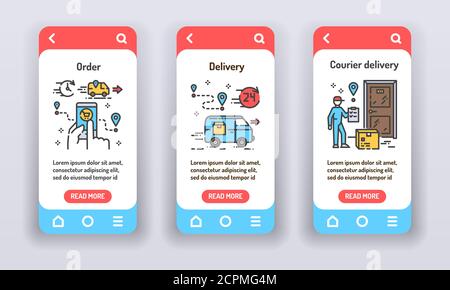 Delivery services on mobile app onboarding screens. Banners for website on red background and mobile kit development. UI UX GUI template. Stock Vector