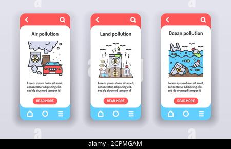 Eco problems on mobile app onboarding screens. Planet pollution. Banners for website on white background and mobile kit development. UI UX GUI Stock Vector