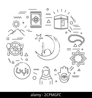 Islam web banner. Infographics with linear icons on white background. Creative idea concept. Isolated outline black illustration Stock Vector