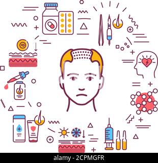 Cause of hair fall and treatment for alopecia Infographics with linear icons on white background. Creative idea concept. Isolated outline color Stock Vector