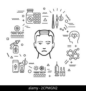 Cause of hair fall and treatment for alopecia Infographics with linear icons on white background. Creative idea concept. Isolated outline black Stock Vector