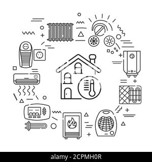 Heating devices web banner. Infographics with linear icons on white background. Creative idea concept. Isolated outline black illustration Stock Vector