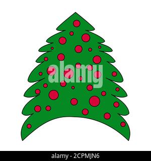 Christmas tree with red balls isolated on white background. Fir tree flat style icon . Christmas tree symbol. New year sign. Stock vector illustration Stock Vector