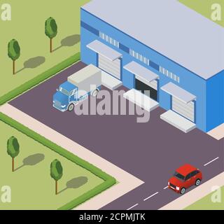 The isometric warehouse building flat trucks and the road. Stock Vector
