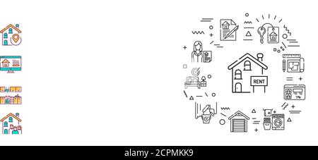 Rent home and real estate web banner. Purchasing, sale and leasing. Infographics with linear icons on white background. Creative idea concept Stock Vector