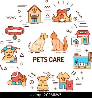 Pets care web banner. Services for domestic animals. Infographics with linear icons on white background. Creative idea concept. Isolated outline color Stock Vector