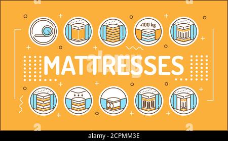 Different types of mattresses word lettering typography. Infographics with linear icons on yellow background. Creative idea concept. Isolated outline Stock Vector
