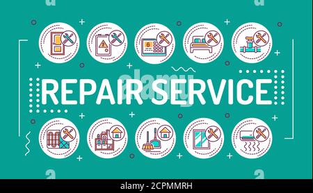 Rent home and real estate word lettering typography. Purchasing, sale and leasing. Infographics with linear icons on blue background. Creative idea Stock Vector