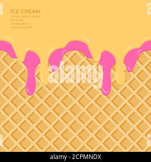 Sweet colour glaze on wafer texture sweet food vector background abstract. Melt icing ice cream on waffle seamless pattern. Editable - Easy change col Stock Vector