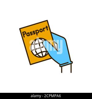 Hand in glove holds passport color line icon. Safe travel. Pictogram for web, mobile app, promo. UI UX design element. Stock Vector