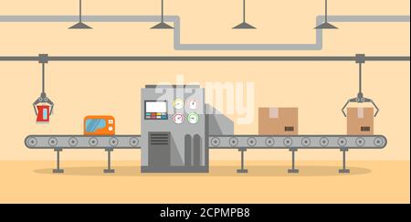 The factory conveyor on packing in flat style. Conveyor Automatic Production Line with Cardboard Boxes. Stock Vector
