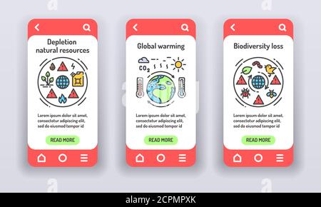 Eco problems on mobile app onboarding screens. Environmental issue. Banners for website on white background and mobile kit development. UI UX GUI Stock Vector