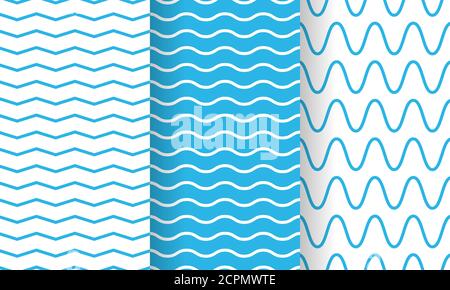 Separate waves, wavy endless stripes patterns set, collection. Winding streaks, bars, crooked doodle lines. Water, sea, river, marine, naval textures Stock Vector