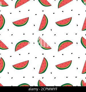 Vector seamless pattern. Watermelon slices with seeds isolated on white Stock Vector