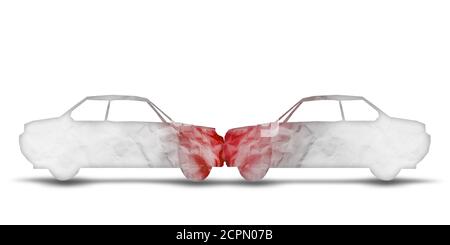Auto accident crash concept. Two papaer cars damaged and dented in front collision accident. Insurance road safety, danger of drunk driving Stock Photo