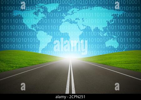 Digital highway with binary code and global map with green grass and asphalt street representing technology to focused destination for goal success. I Stock Photo