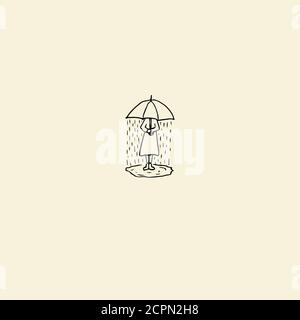 Vector illustration of a woman under umbrella with rain inside umbrella. A symbol of sadness and internal problems Stock Vector