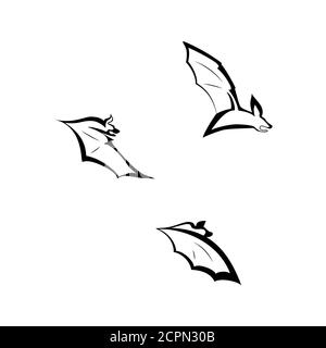 Vector illustration of bats set. Three black and white bats in different poses Stock Vector