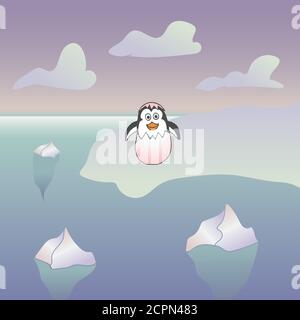 Vector illustration of a newborn penguin. Funny penguin on an iceberg that hatched from an egg Stock Vector