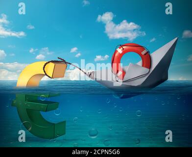 Sinking euro sign as a symbol of european union Europe crisis Stock Photo