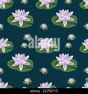 Floral seamless pattern with lotuses on trendy navy background.Cute ornament with incredibly beautiful water flowers.For fabrics,linen,clothes Stock Vector
