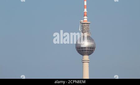 Berlin, Germany - April 28, 2018 - The famous Berlin TV Tower (Berliner Fernsehturm) Stock Photo