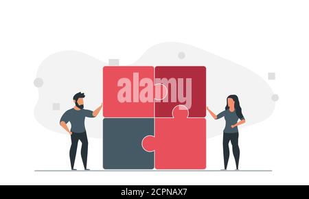 People are trying to solve the puzzle together. Man and woman team solve problem together vector illustration Stock Vector