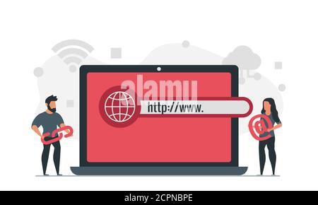 Www concept vector illustration with laptop and people. A man holds a link to the site and a woman picks up the symbol at Stock Vector