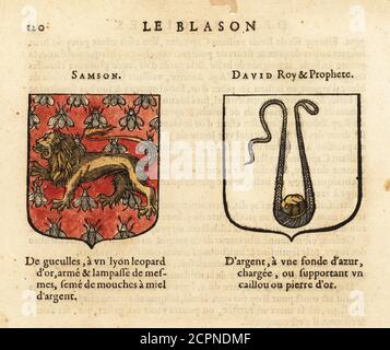 Imaginary coats of arms of Biblical figures Samson, with gold lion leopard and silver bees, and David, king and prophet, with slingshot and stone. SAMSON, DAVID Roy et Prophete. Handcoloured woodblock engraving from Hierosme de Bara’s Le Blason des Armoiries, Chez Rolet Boutonne, Paris, 1628 Stock Photo