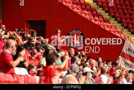 Charlton Athletic fans inside the stands where up to 1000 spectators are expected to attend the Sky Bet League One match at The Valley, London. Stock Photo