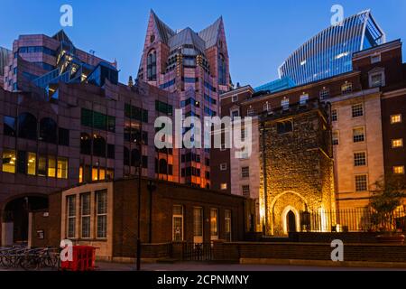 England, London, City of London, Mark Lane, Tower of All Hallows Staining Church and City Skyline Stock Photo