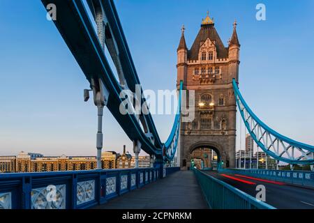 England, London, Tower Bridge with Empty Road in the Daytime Stock Photo